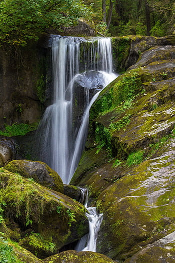 A tranquil waterfall cascading over moss-covered rocks in a verdant forest setting. HD phone wallpaper