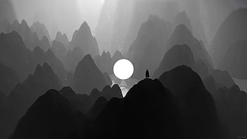 Black And White Moon Man Standing On Mountain Artwork, artist, artwork, digital-art, mountains, black-and-white, monochrome, moon HD wallpaper