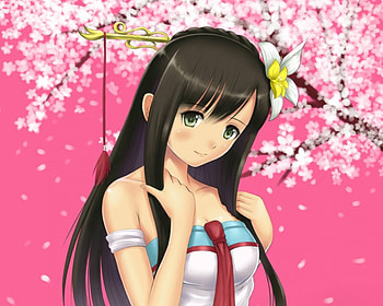 Sakura, yellow eyes, cute, floral, long hair, dress, petals, flower, cherry blossom, female, blossom, sundress, sexy, hot, girl, anime girl, pink, anime, brown hair, sakura blossom HD wallpaper