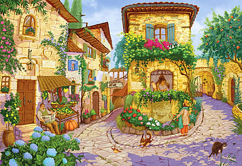 Italian Village Square, street, flowers, painting, houses HD wallpaper