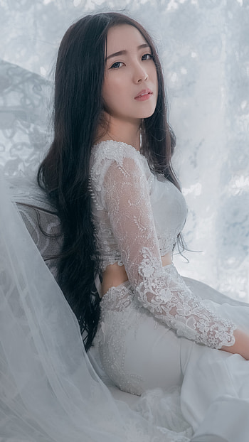 Ethereal Lace Bride — Long Dark Hair in White Gown, wedding dress, white dress, long hair, asian, black hair, model, woman, bride HD phone wallpaper