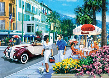 Cote D'azure, dog, continental, car, flowers, france, vintage HD wallpaper