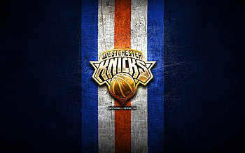 Westchester Knicks, golden logo, NBA G League, blue metal background, american basketball team, Westchester Knicks logo, basketball, USA HD wallpaper