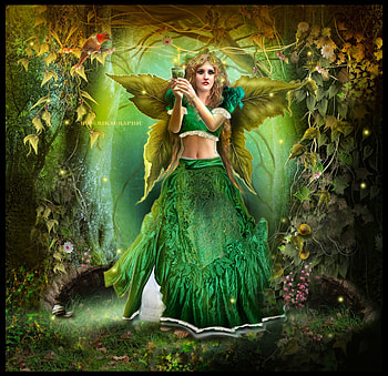 ✫Woodland Snails✫, birds, plants, Digital Art, colors, dress, Fantasy, animals, trees, female, wings, model, woods, attractions in dreams, weird things people wear, manipulation, snails, creative pre-made, woman, love four seasons, fantasy arts, ivy, leaves, green, vines, flowers, hair HD wallpaper