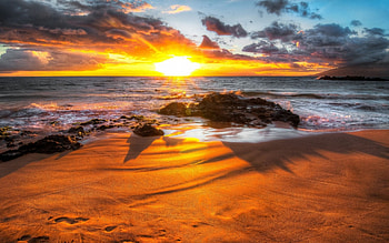 superb sunset at the beach r, sea, waves, r, rocks, sunset, beach HD wallpaper