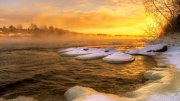 Golden Hour In Winter, river, snow, trees, landscape, sky, ice, sunset HD wallpaper