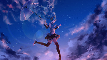 Hatsune Miku Anime Girl Umbrella Blue Sky Background Vocaloid HD wallpaper