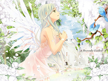 A Heavenly Garden, heavenly, wings, cherry blossom, garden, flowers, angel, female HD wallpaper