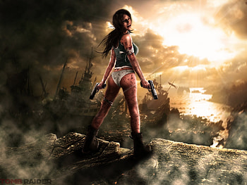 tomb raider lara croft girl guns dressings blood stones ships clouds rays HD wallpaper