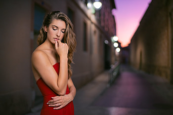 Red Dress Blonde Girl Outdoor Evening, red-dress, girls, model HD wallpaper