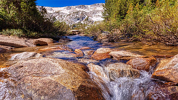 Crystal Lake, Mammoth Lakes, California, forest, mountains, stream, trees, rocks, usa HD wallpaper