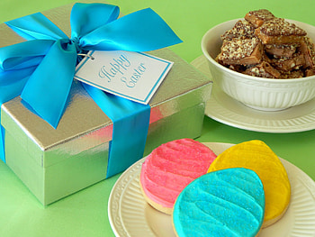 For You~Happy Easter!, Easter, dishes, ribbon, present, gift, bowl, toffee, dish, cookies, bow HD wallpaper