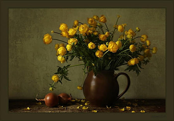 still life, jug, graphy, yellow, vase, flowers, flower bouquet HD wallpaper