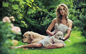 Girl Outside With Cute Puppies, girls, dog, animals, cute, green, dogs HD wallpaper