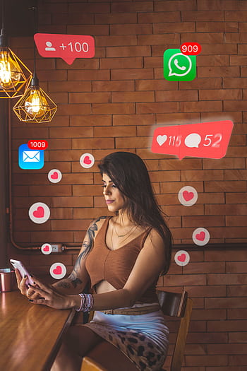 Woman using smart in cafe with social media notifications around. HD phone wallpaper
