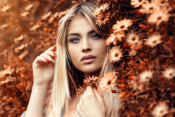 Beauty, model, flower, face, girl, orange, alessandro di cicco, woman HD wallpaper
