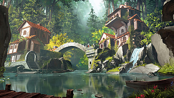 Art, Stones, Waterfall, Small House, Lodge HD wallpaper