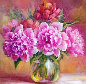 Peonies, pink, painting, art, pictura, flower, harsh taggar, peony, vase, bujori HD wallpaper