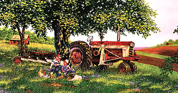 Stories of a Lifetime, dog, art, landscape, feline, cat, beautiful, tree, artwork, scenery, wide screen, painting, canine, tractor HD wallpaper