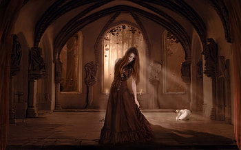 the girl and the swan, black, pretty, light, dress, woman, dark HD wallpaper