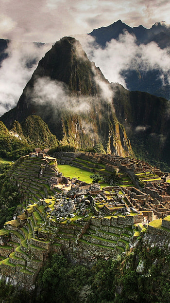 Machu Picchu, Ancient ruins, Majestic mountains, Cloud-covered hills HD phone wallpaper