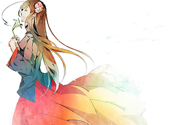 Taiwan, chinese clothes, hair ornament, kamitsuki, long hair, ahoge, axis power hetalia, hetalia, hair flower, axis power, wind, pixiv id 280144, anime, breeze, brown hair, plum blossom, flowers HD wallpaper