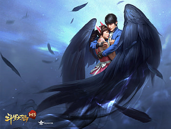 Fantasy couple, blue, frumusete, man, girl, lovers, angel, dqhunter, dq hunter, wind, fantasy, couple, luminos HD wallpaper