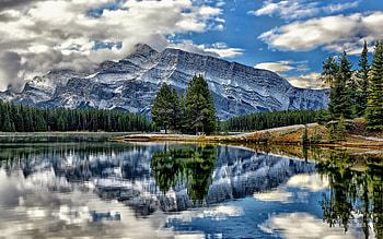 Vermillion Lakes, Banff National Park, Alberta, trees, clouds, sky, mountains, water, canada, reflections HD wallpaper