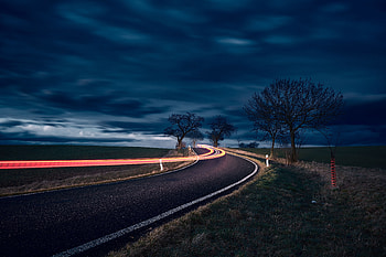 Night, landscape, highway, turn, long exposure HD wallpaper