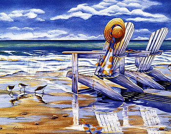 Beachchairs, sea, artwork, birds, seagulls, hat HD wallpaper