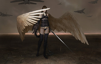 Angel, wings, white, sword, girl, feather, johannes voaa, fantasy, luminos HD wallpaper