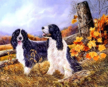 Autumn Couple, love four seasons, leaves, animals, fall, dogs, draw and paint, autumn, paintings HD wallpaper