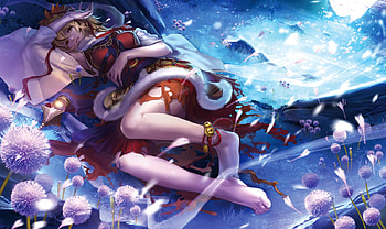 Touhou, barefoot, toramaru shou, liduke, short hair, blonde hair, flowers, torn clothes HD wallpaper