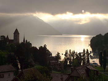 The Shine, clouds, houses, sun, lake HD wallpaper