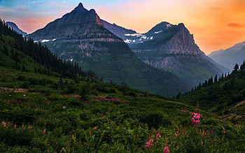 Sunset in Glacier National Park, Montana, peaks, landscape, colors, sky, mountains, usa HD wallpaper