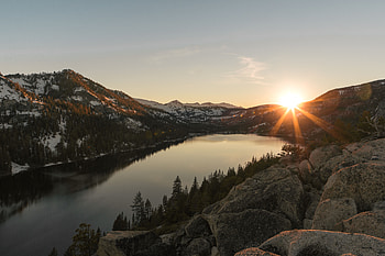 Nature, Sunset, Stones, Mountains, Lake HD wallpaper