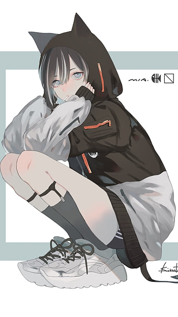 blue eyes, black hair, short hair, hoodie, Anime, Original HD phone wallpaper