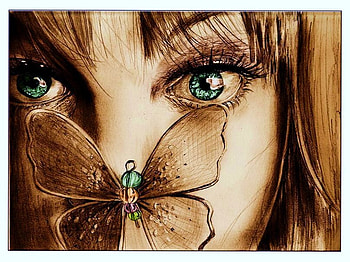 Butterfly girl, abstract, butterfly, green, girl, bright eyes, nose HD wallpaper