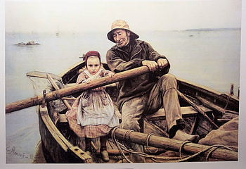 Grandpa's Helping Hand, sea, row boat, paddling, fisher man, girl, oars, helping HD wallpaper