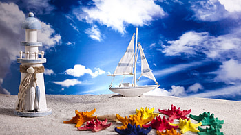 Sky, Clouds, Sand, Starfish, Miscellanea, Miscellaneous, Lighthouse, Ship, Nautilus, Layout, Sea Stars HD wallpaper