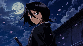 Rukia Kuchiki — Moonlit Sentinel ( ), Anime Girl, Katana, Cherry Blossom, Night HD wallpaper