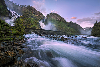 Bridge, waterfall, river, forest, nature HD wallpaper