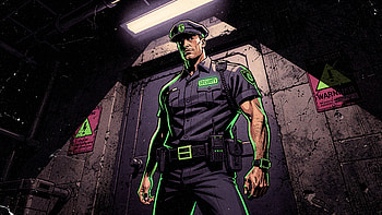Neon Nightwatch — Security Guard, Security Guard, Uniform, Comic, Corridor HD wallpaper