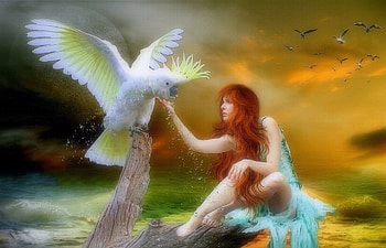 ~Nymph Yearning~, nymph, birds, weird things people wear, digital art, creative pre-made, love four seasons, fantasy, manipulation, flying birds, girls, redhead HD wallpaper