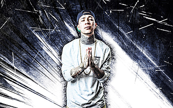 Baeza, grunge art, american rapper, blue abstract rays, music stars, Anthony Baeza, american celebrity, Baeza HD wallpaper