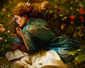 Summer Afternoon, reading, fantasy, pretty, art, beautiful, girl, woman, female HD wallpaper