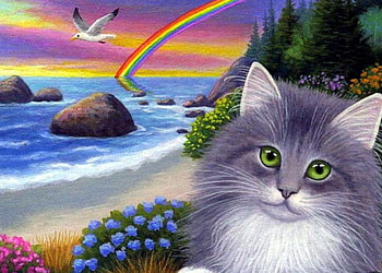 Rainbow at the Sea, artwork, seagull, painting, cat, flowers, rocks, sunset HD wallpaper