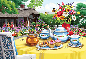 Honey and Tea, cookies, artwork, table, chairs, painting, house, flowers HD wallpaper