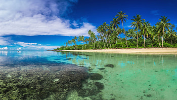 Tropical beach on Samoa Island, sea, clouds, sky, palmtrees HD wallpaper