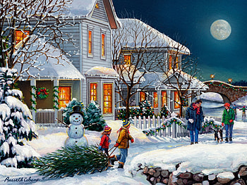 Holiday Walk, artwork, snowman, moon, christmas, snow, houses, village, evening, painting HD wallpaper